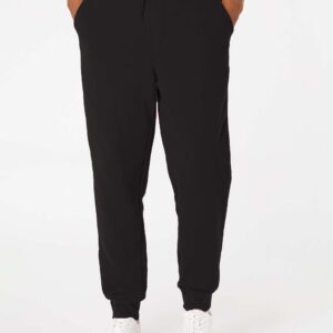 Front view of black unisex fleece joggers from The Bronze Collective with a drawcord waist and ribbed ankle cuffs