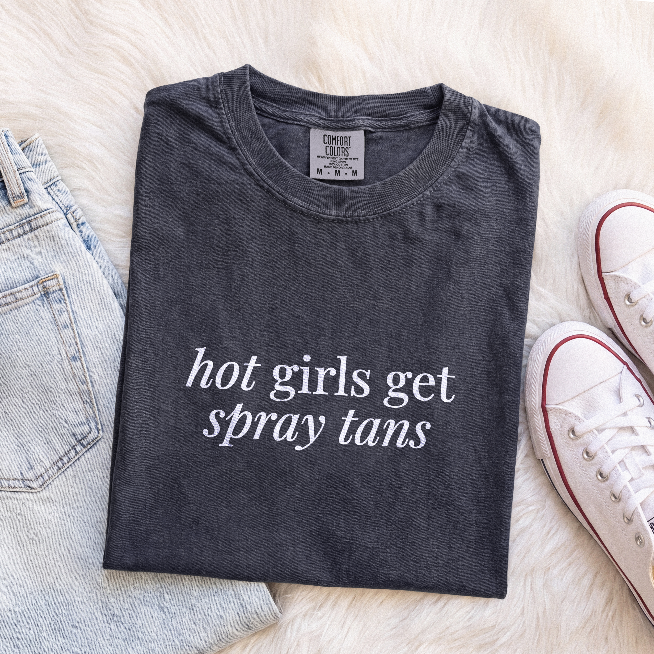 Folded Graphite gray Hot Girls Get Spray Tans tee by The Bronze Collective