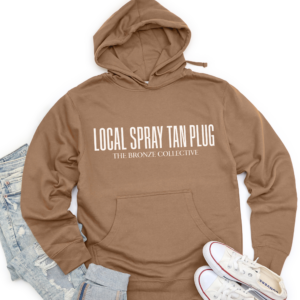 Saddle brown Local Spray Tan Plug hoodie by The Bronze Collective with cream print across the chest